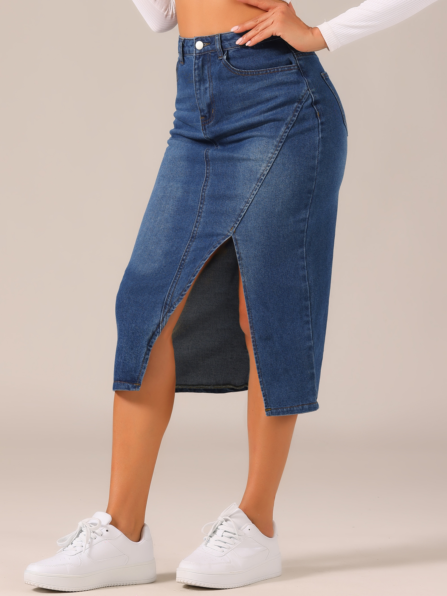 DARING DIVA Women's Denim Split Front Midi Jean Skirts L Dark Blue