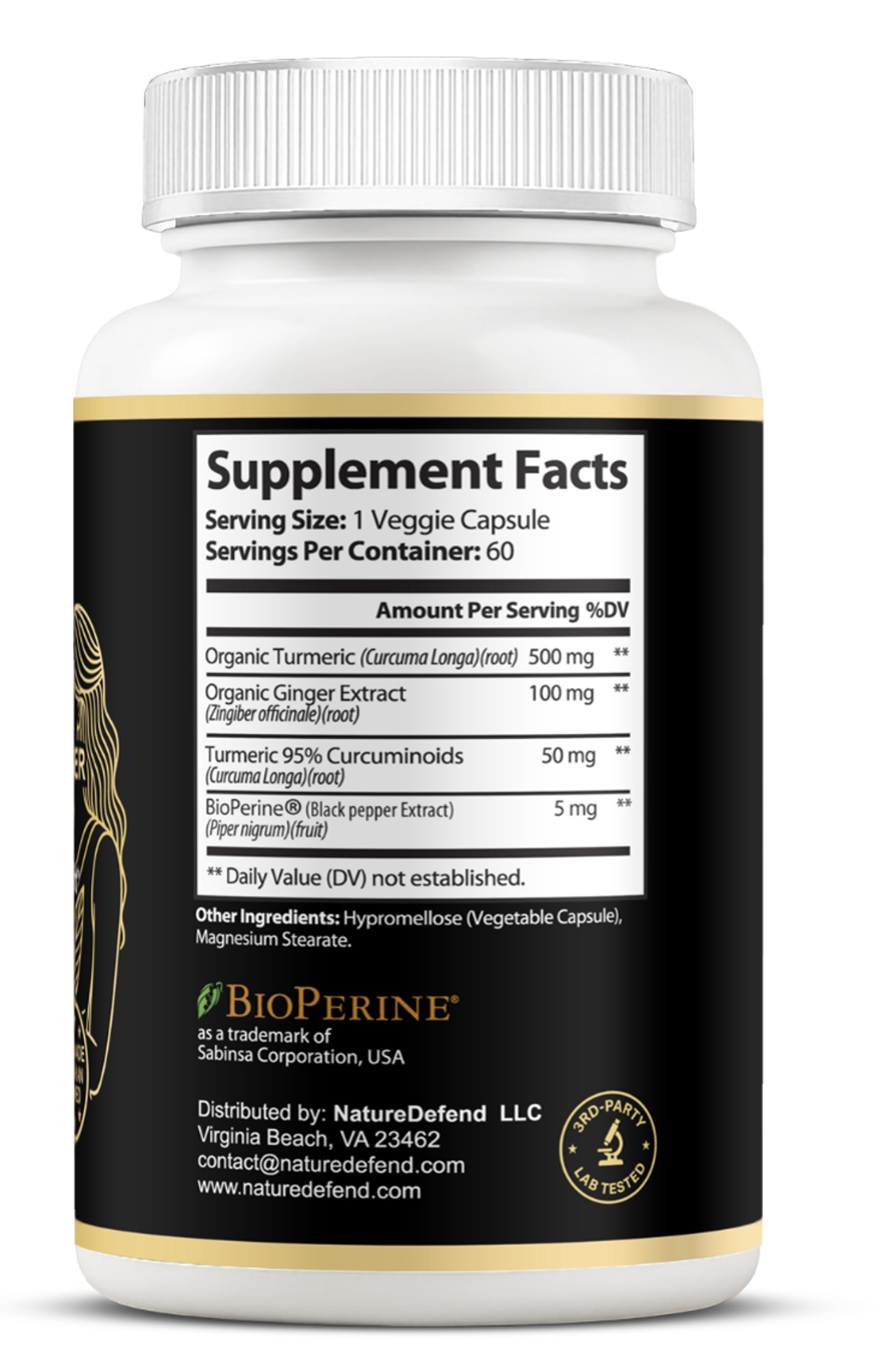 NatureDefend Turmeric Curcumin + Ginger Supplement, Joint & Heart Support, 60 Capsules, Veteran-Owned, USA Made
