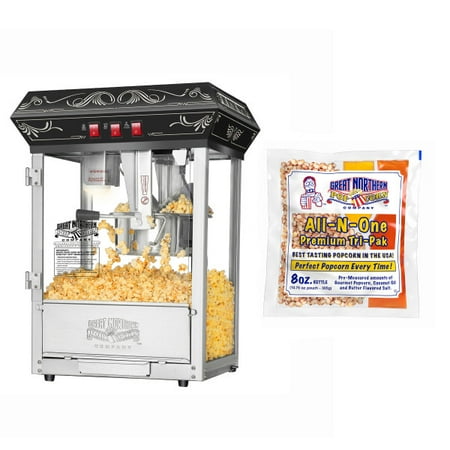

Good Time Countertop Popcorn Machine – 3 Gallon Popcorn Popper 8oz Kettle Warmer and 5 All-In-One Popcorn Packs by Great Northern Popcorn (Black)