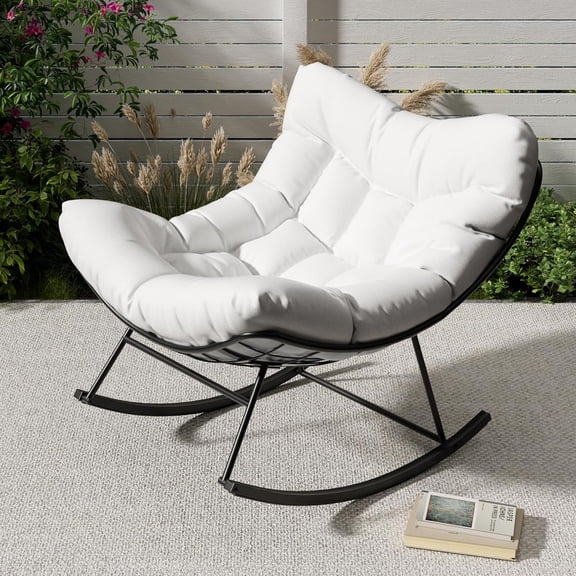Outdoor Papasan Rocking Chair with Thick Cushion, Rattan Lounge Seat, Comfy Reading Furniture for Adults, Indoor Outdoor Relaxing Piece for Living Room, Balcony & Porch, White