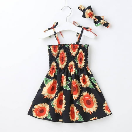 

Elainilye Fashion Toddler Baby Girls Floral Dress Cute Sleeveless Sunflower Print Dress Hairband Suit Sizes 18M-6Y Black