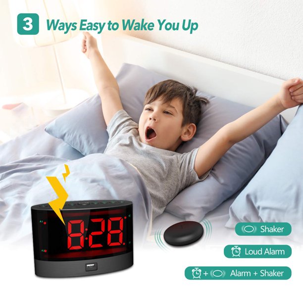 Réveil Vibrant Avec Agitateur De Lit – 3 Niveaux De Vibration, Double Alarme, Gradateur Luminosité, Port USB