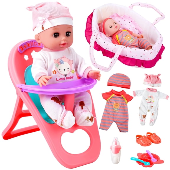 12" Baby Doll Playset for Girls – Pretend Play Baby Care Toy with Carrier Bassinet, High Chair, Clothes & Accessories