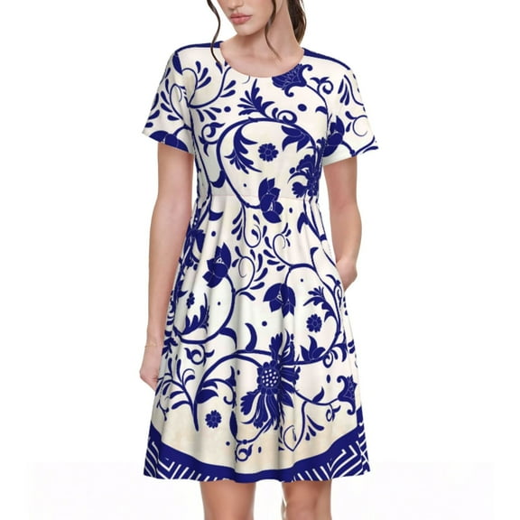 Logiee Blue And White Porcelain Pattern Print Womens Summer Dress,Casual Short Sleeve Sundresses,Beach A-line Shift Dress with Pockets