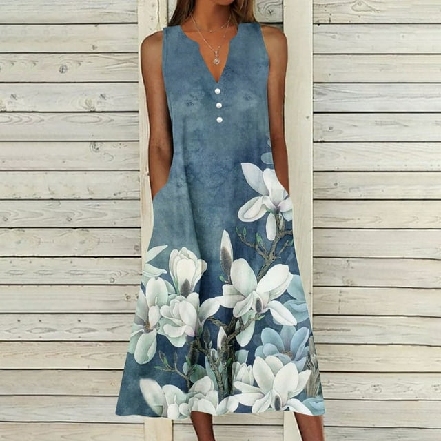 Cadeaux pour la Fête des Mères, Kcavykas Robe Maxi Bohème, Robe Décontractée d'Été pour Femme à Design Graduel Sans Manches à Encolure en V Longue