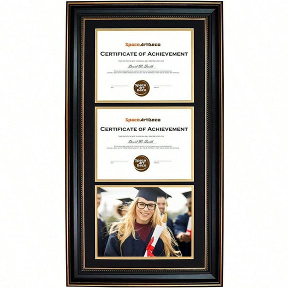 14x29 Triple/Three Certificates Frame With Black Over Gold Double Mat For 3 8.5x11 Diplomas/Degrees Sawtooth Hangers Real Glass Wall Mounting (Ornate Gold/Black)