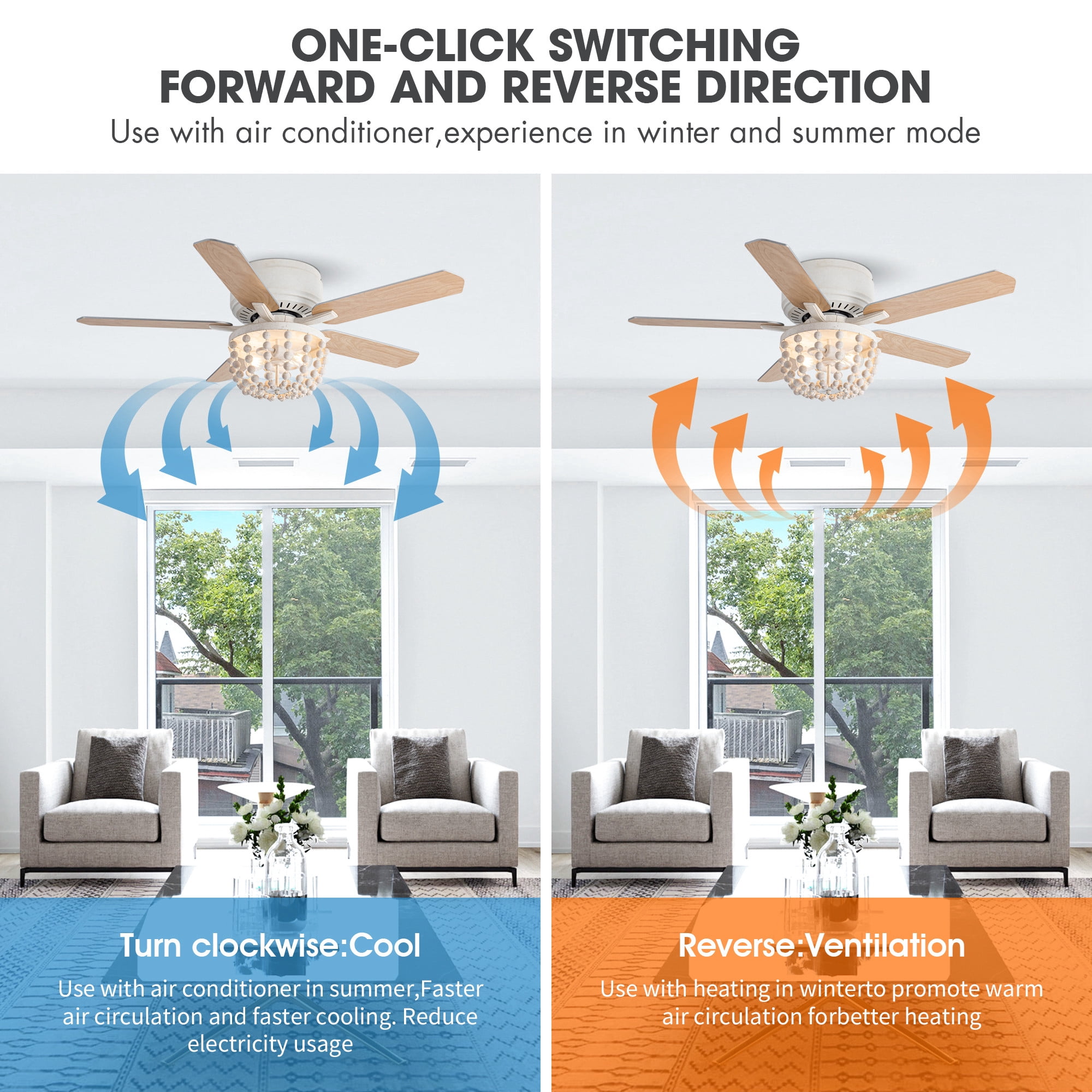 Parrot Uncle 48" Bohemia Reversible Ceiling Fan with Remote and Light Kit, Double-Sided Blades