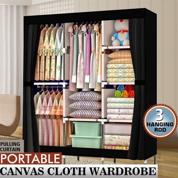 BAYUELSWU Portable Closet Storage Organizer Wardrobe Clothes Rack With Shelves, 71" Heavy Duty Covered Clothes Rack Storage Organizer, 4 Tiers Portable Closet Wardrobe Shelf (Black)