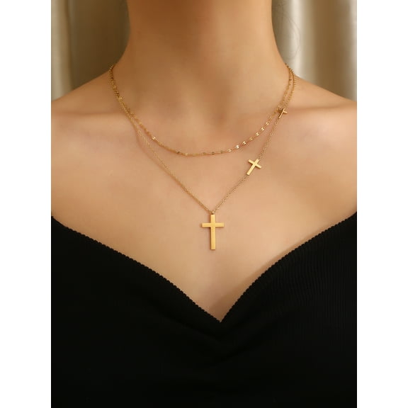 14K Yellow Gold Necklaces Cross Pendant Choker Multilayer Chain Double Stacked Wear Light Luxury Fine Necklace For Women Jewelry
