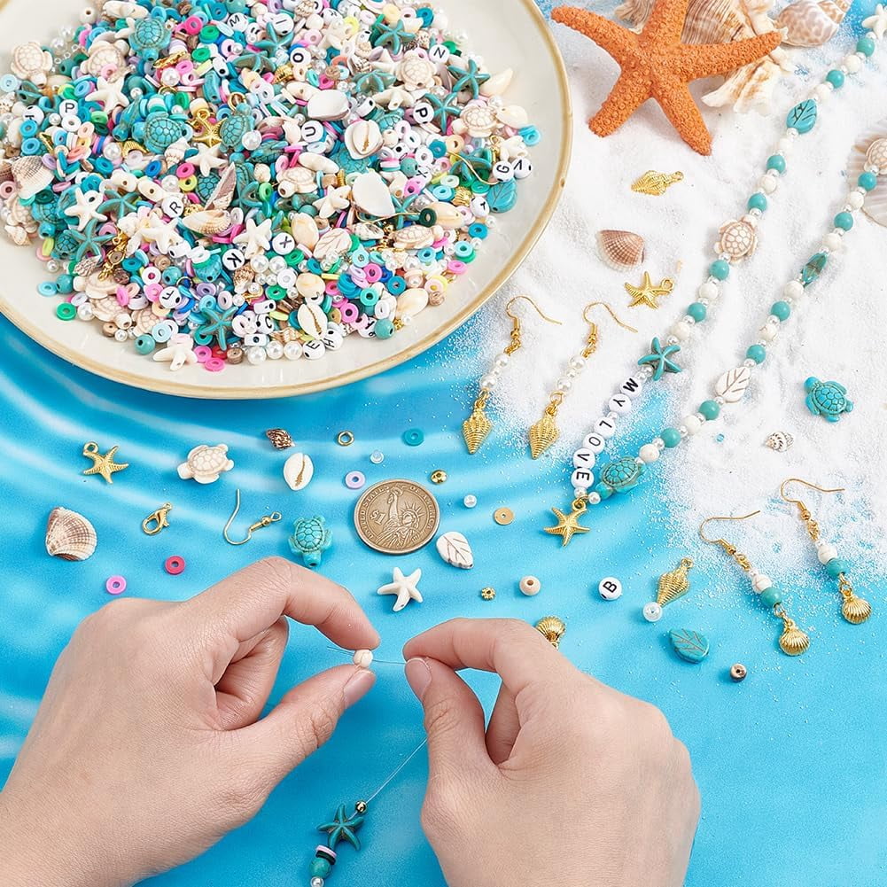 PH 3110pcs Ocean Earrings Making Kit Polymer Clay Beads Natural Shell Beads Wooden Beads Turquoise Beads Metal Spacer Beads Earring Hooks for Earrings Summer Jewelry Craft Making colorful DIY
