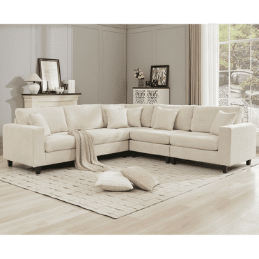 Miekor Furniture Oversized Modular Sectional Sofa Set, L Shaped Couch, Corduroy, Upholstered, Deep Seat,, 5 Seat, 5 Throw Pillow And 6 Back Cushion, Living Room, Apartment, Beige 00089