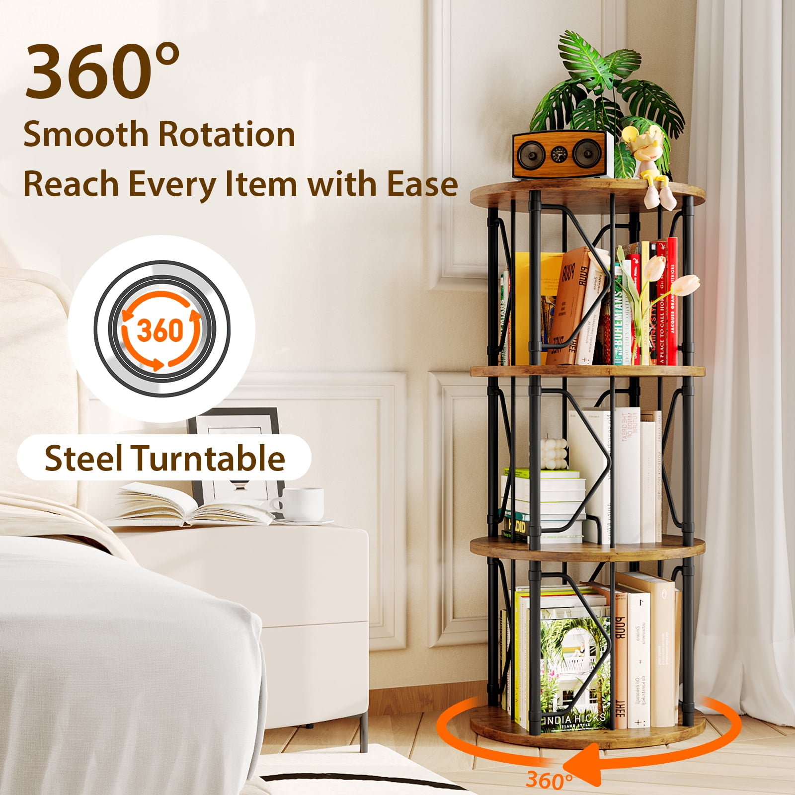 LLappuil 3 Tier Rotating Bookshelf, 360° Display Swivel Bookcase, Corner Bookshelf for for Bedroom, Living Room Brown