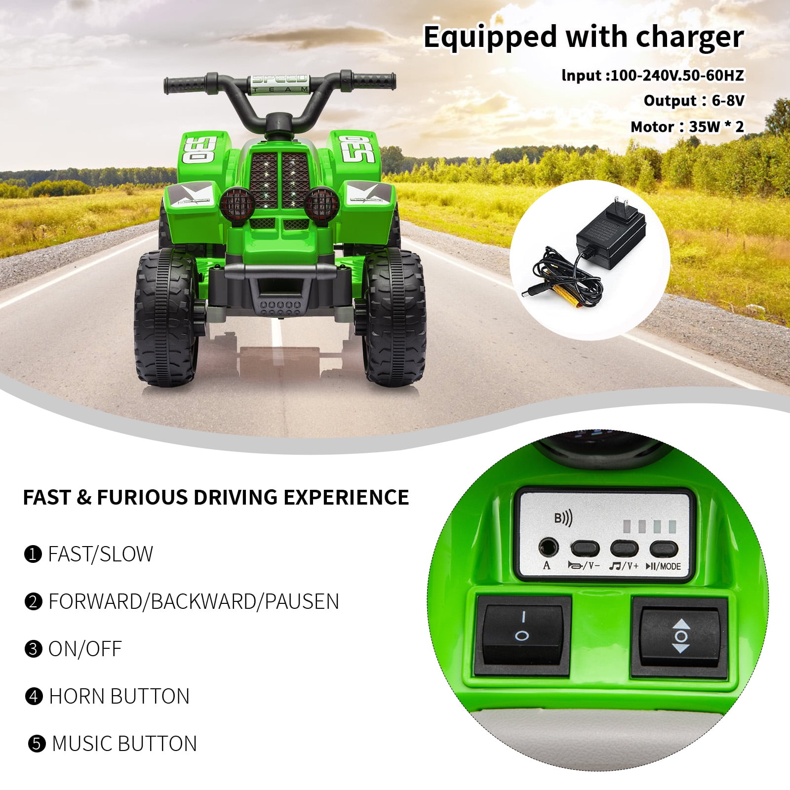 Accreate Kids Ride On ATV, 6V Ride On Car with Led Headlights, Music, Treaded Tires, Rubber Handles, Push-Button Accelerator, forward & Reverse