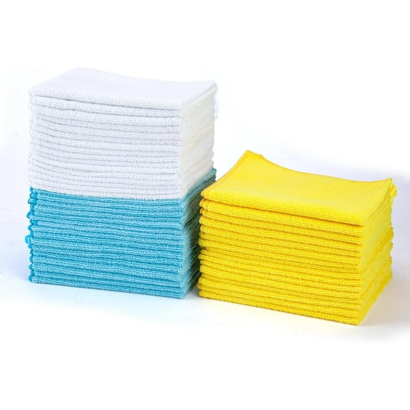 Microfiber Cleaning Cloths, Ultra Absorbent, Lint Free, Streak Free, Non-Abrasive, Reusable and Washable, 12" x 12", Blue/White/Yellow, Pack of 50