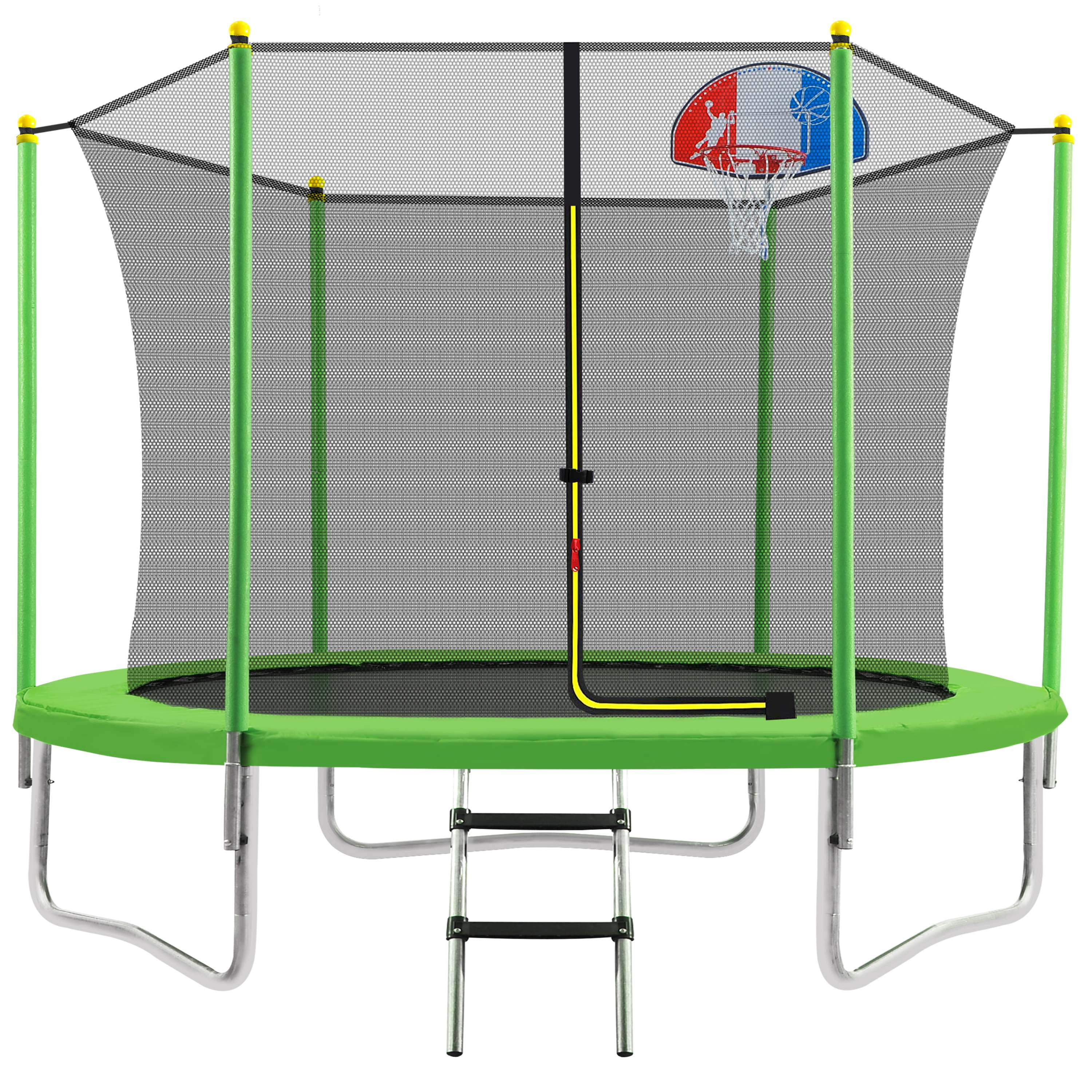 moobody 10FT Trampoline for Kids with Safety Enclosure Net, Basketball Hoop and Ladder, Easy Assembly Round Outdoor Recreational Trampoline