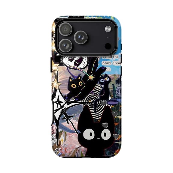 Black Cat Aesthetic Phone Case, Cute Celestial Cat Collage Cover for iPhone 17 16 15 14 13 12 11 Pro Max Plus Mini Protective Case