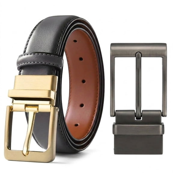 2 Pack Men's Reversible Leather Belt & Buckle Combo Set – 1.25" Trim to Fit Dress & Casual Belt, Dual Sided Classic Style for Jeans or Suit Pants
