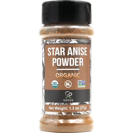 Soeos Organic Chinese Star Anise Powder 1.3 Oz (37G), Powder Chinese Star Anise, Dried Anise Star Spice, Star Anise Bulk, Anise Star, Non-Gmo Verified, Great For Baking And Tea, Anis Estrella., Brown