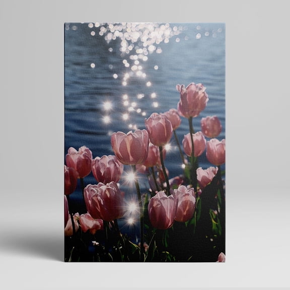 1pc Pink Tulips by the Water with Sparkling Sunlight - framed Decor room hanging Wall Picture Decor for Home Gifts, living room, bathroom, bedroom, kitchen wall art decor canvas wall art
