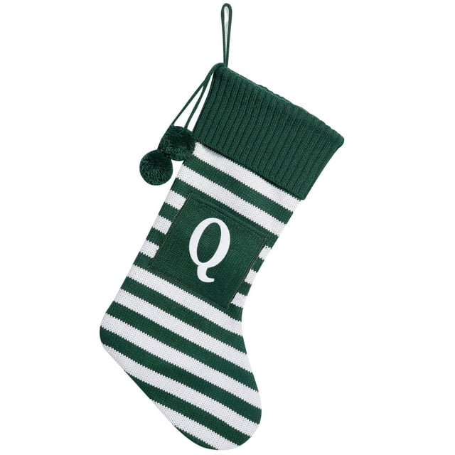 Qocolhg 20 Inch Initial Monogram Embroidered Christmas Stocking Striped knitted Christmas Decorations Stocking Red,White, Green Letter Stockings for Family Holiday and Xmas Tree Fireplace Decor, Q
