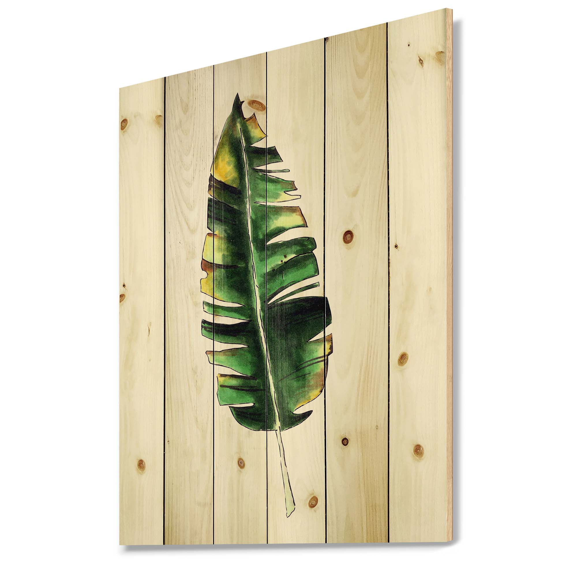 Designart 'Single Banana Leaf On White' Bohemian & Eclectic Print on Natural Pine Wood