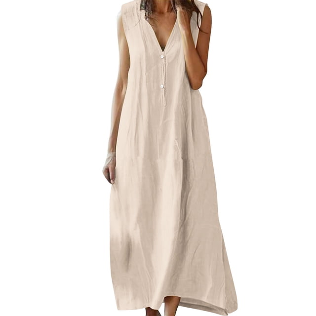 GreatBaby Robe Maxi pour Femme Sans Manches à Col en V, Décorative, Boutonnée devant, Aspect Lin, Coupe Ample, Couleur Unie, Légère, pour le Quotidien, Décontractée et les Journées Chaudes
