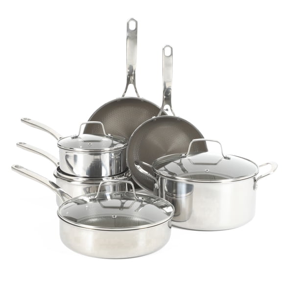 Martha Stewart Badgley Hybrid Nonstick 10 Piece TriPly Stainless Steel Pots and Pans Non-Toxic Cookware Set