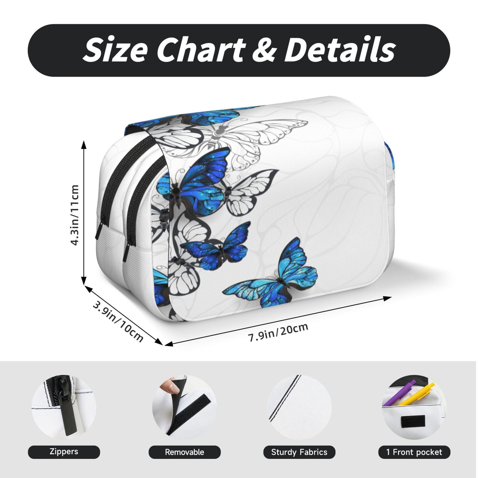 Rateoe Blue Flying Butterflies Pattern Double Clamshell Pen Case, Storage Organizer with Two Zipper Compartments– Holds Up to 50 Pencils & Pens