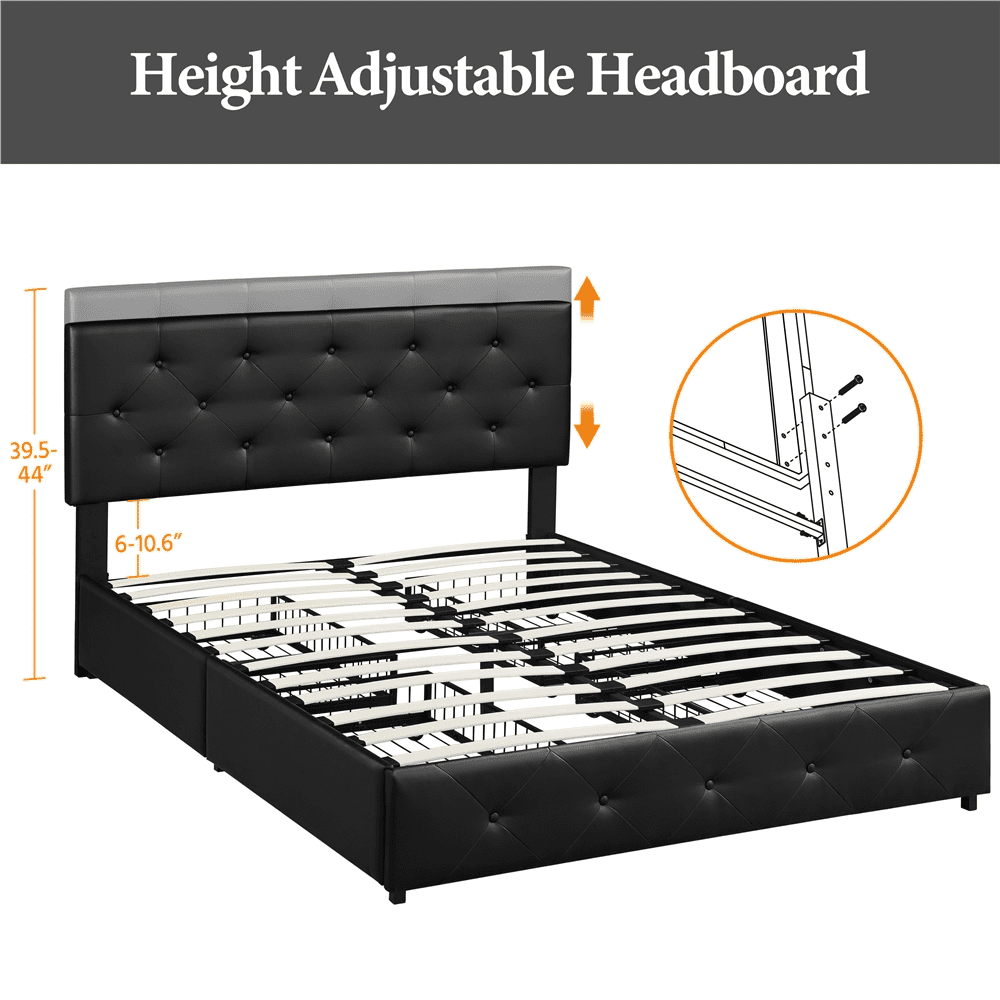 Renwick Diamond Button-Tufted Upholstered Platform Bed with Storage, Adult, Black, Queen