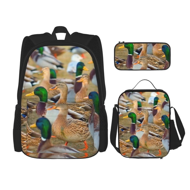 Easygdp Mallard Ducks Mochila para Niños y Niñas con Set de Caja de Almuerzo y Estuche para Lápices 3 en 1, Mochila Escolar Estampada para Adolescentes