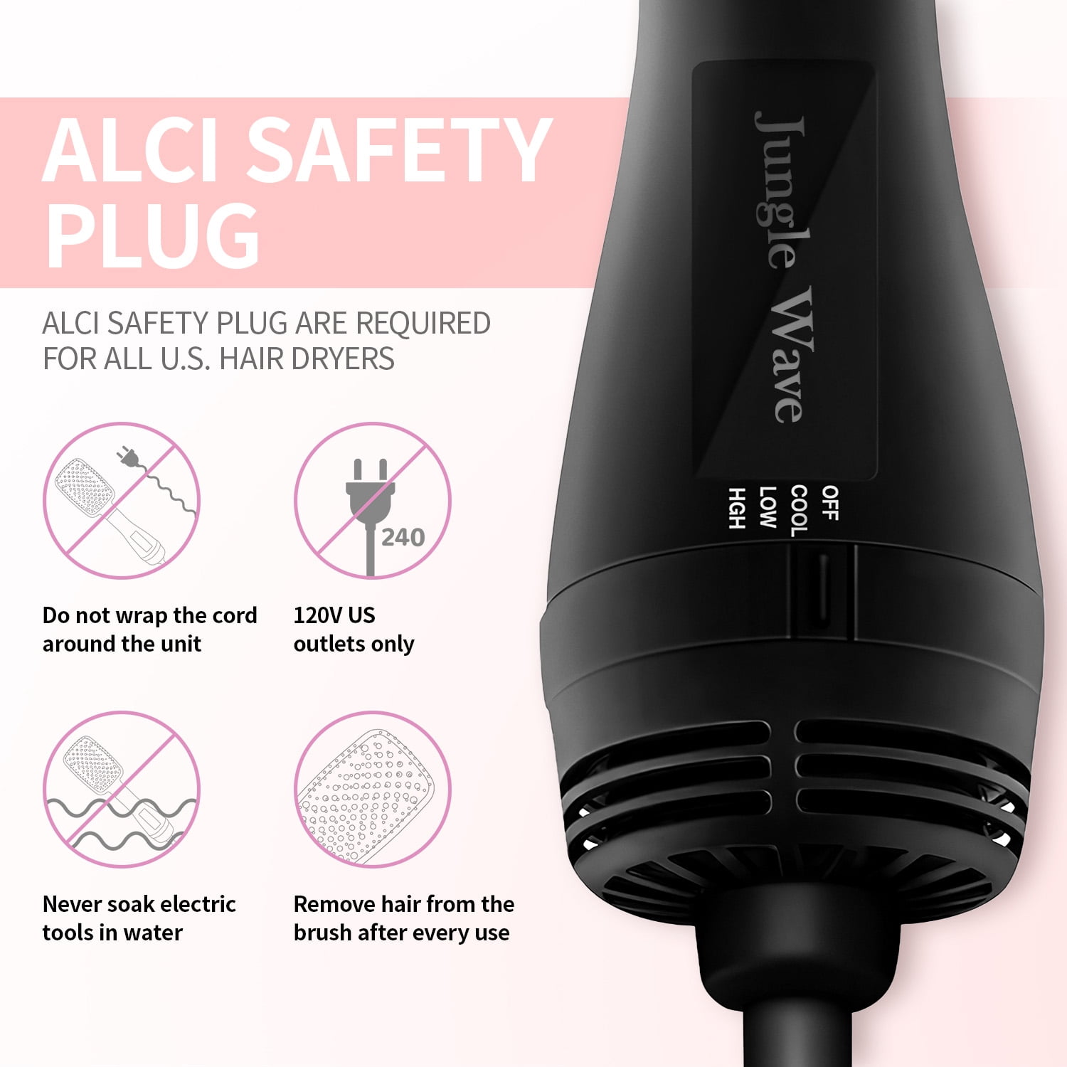 Hair Dryer Brush, Jungle Wave 2 in 1 Negative Ion Blow Dryer with Comb, Fast Drying Hot Air Brush