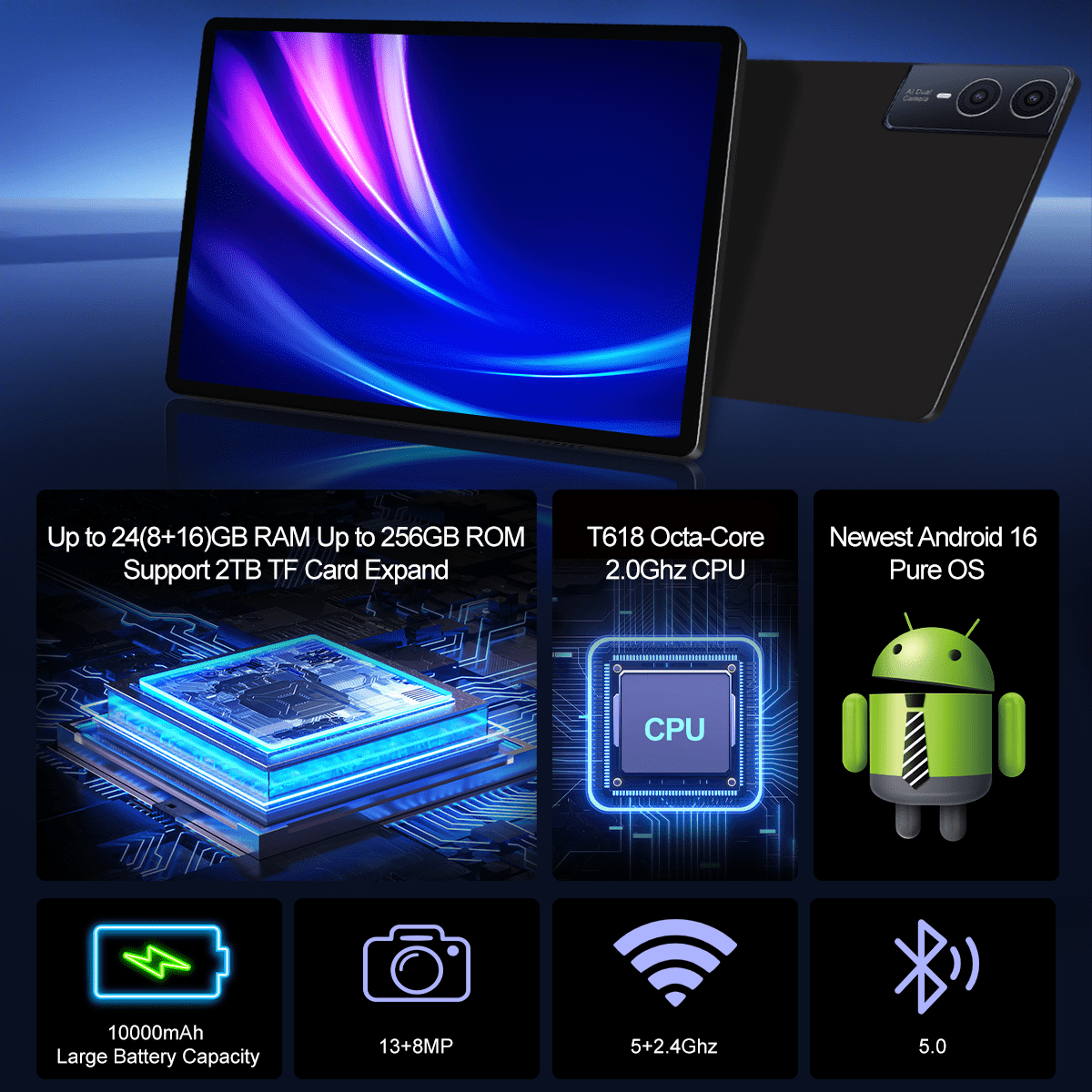 Latest 11-inch Android Tablet, 256GB ROM, HD Display, Octa-Core Processor, Dual Cameras, Stereo Speakers, 5GWIFI