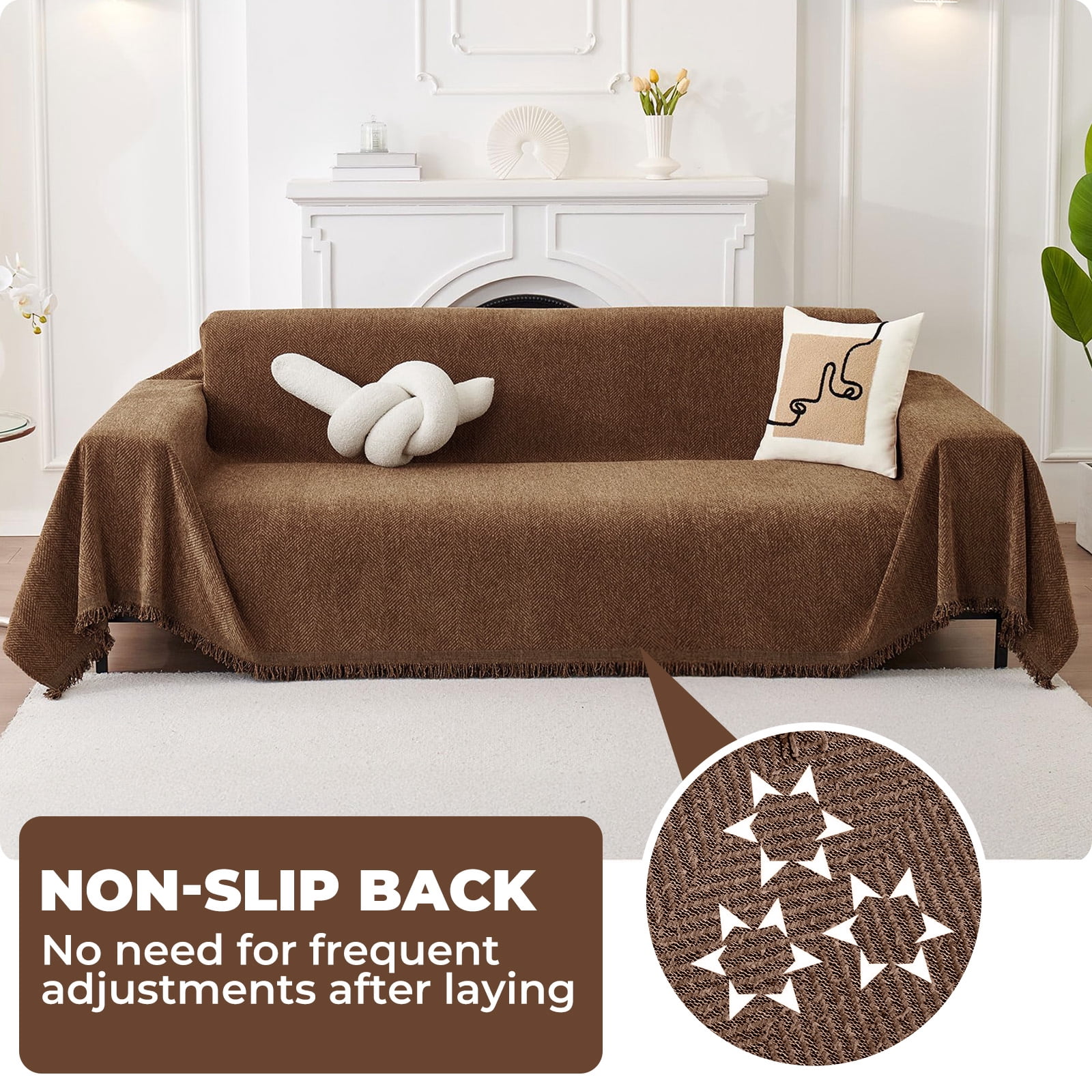 Sanmadrola Sofa Cover Non Slip Couch Cover for 3 Cushion Couch Machine Washable Furniture Protector for Dogs Pet Chenille Throw Slipcover Blanket for Living Room (Brown, 71"x134")