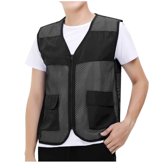 Cameland Plus Size Men Vest Tops Solid-Color Convenient Mesh Outdoor Breathable Zipper Pockets V-Neck Tank Top