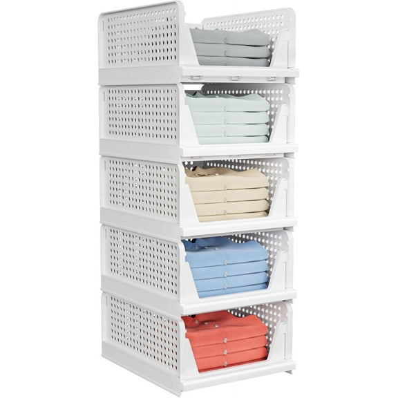 5 Pack Stackable Closet Storage Basket - Stackable Storage Bins, Multifunctional & Foldable Closet Organizer, Wardrobe Cupboard Space-Saving Hat Storage Drawer Organizer, White