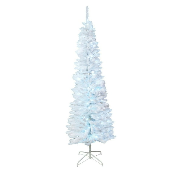 Arbre mince blanc prééclairé de 7 pi, 200 lumières led blanc pur de 5 mm, multifonction et minuterie, 600 pointes