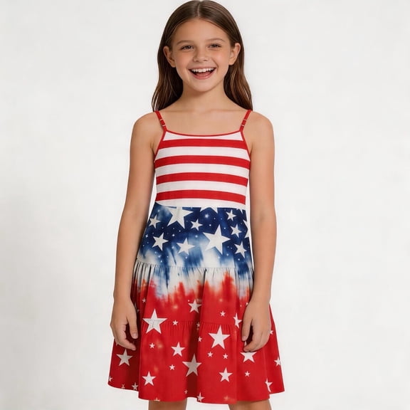 Amzcrzy Dresses for Girls 3-14 Years 4Th Of July Spaghetti Strap Dress Casual Sleeveless Swing Flowy Tiered Midi Sundress American Flag Cute Ruched Cami Dress @10 11 Years