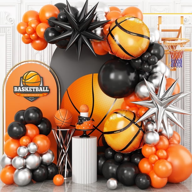 Kit de arco con globos de baloncesto Adorely, negro, naranja y plateado