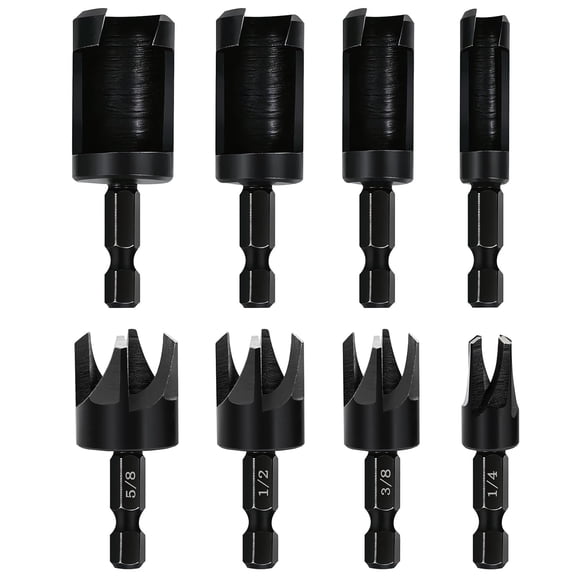 8 Pieces Black Wood Plug Cutter Drill Bit Set, Durable Plug Cutter, Straight and Tapered Plug Drill Bits 1/4", 5/8", 3/8", 1/2" with 1/4 Inch Hex Shank, Cutting Tool for Wood