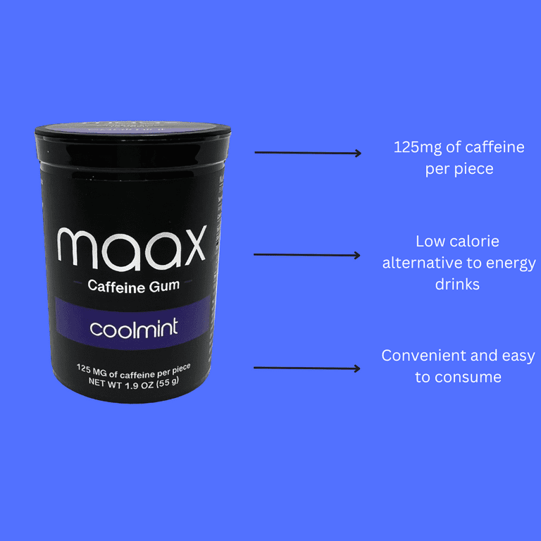 Maax Energy Gum, Coolmint, 50 Pieces, 125mg Caffeine, Low Sugar