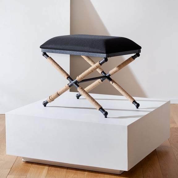 SAFAVIEH Couture Carmelo Classic Linen Ottoman, Black/Black