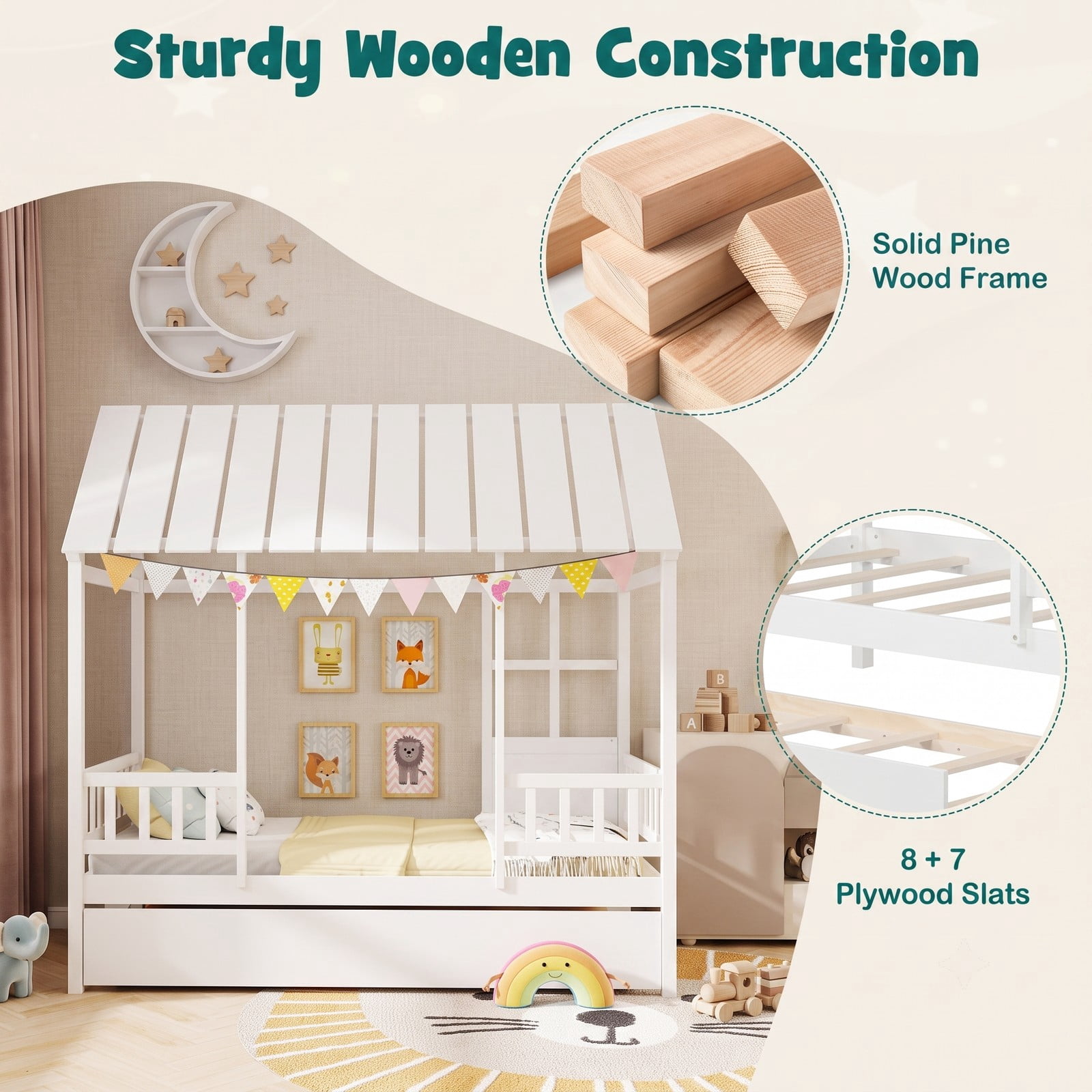 Furnibear Twin Size House Bed Frame with Trundle and Roof and Guardrail for Kids Bedroom, Space-Saving Platform Bed, White