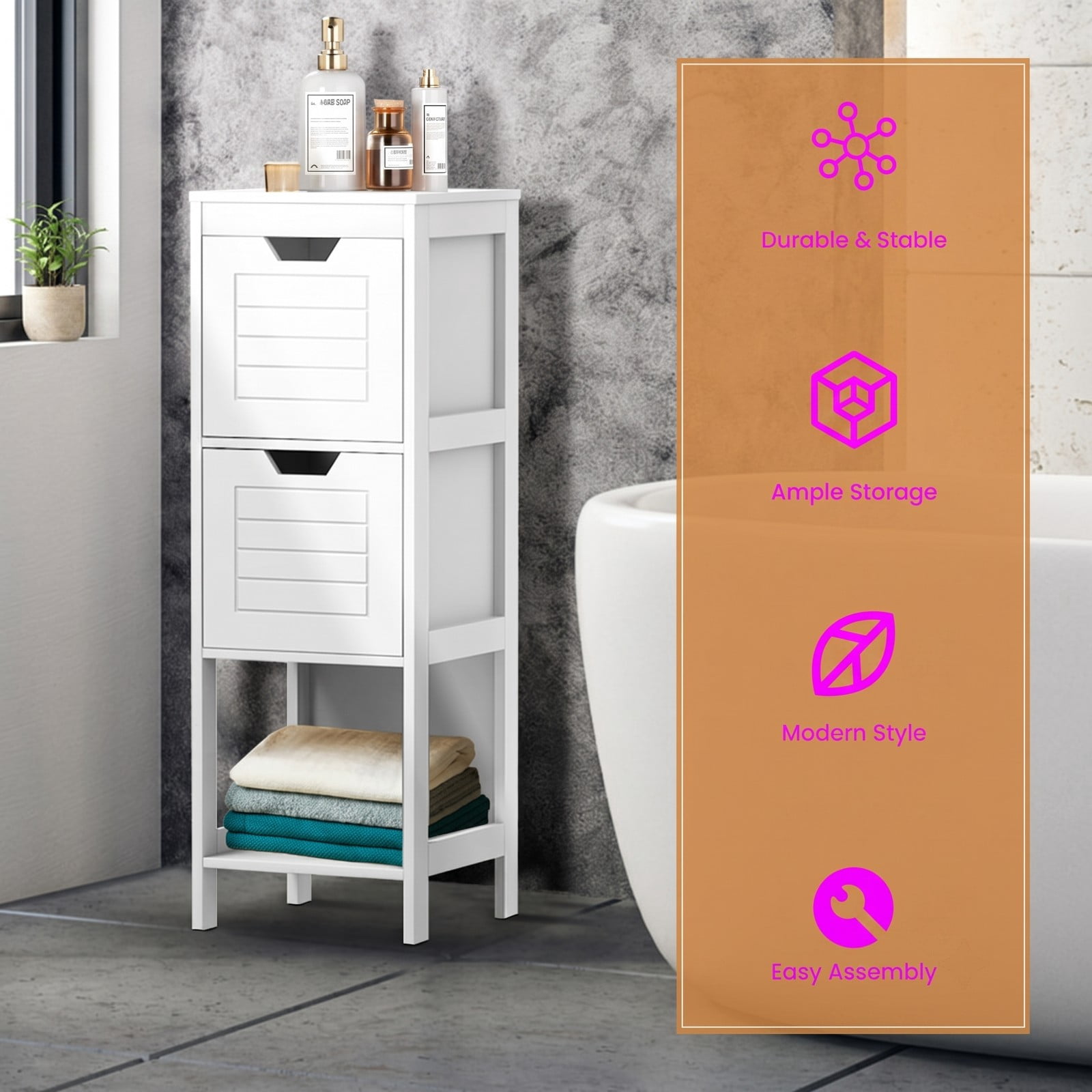 ALPULON Floor Cabinet Multifunction Storage Rack Stand Organizer, Freestanding Bathroom Storage Cabinet with 2 Drawers and 3 Open Shelves for Living Room, White
