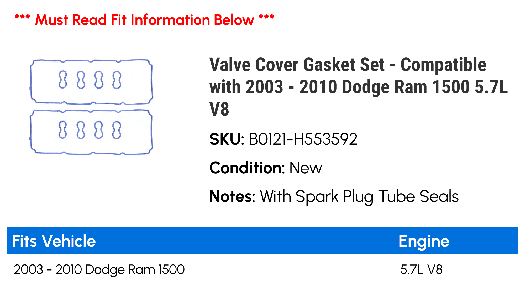 Valve Cover Gasket Set - Compatible with 2003 - 2010 Dodge Ram 1500 5.7L V8 2004 2005 2006 2007 2008 2009