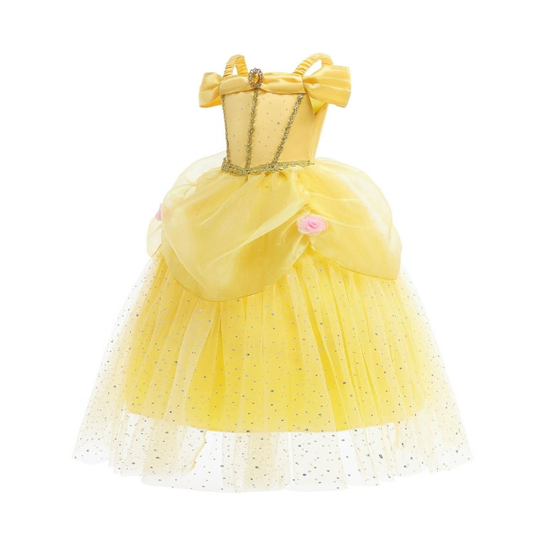 Kawell Girls Off Shoulder Sequins Belle Princess Tulle Dress Masquerade Ball with Cuff, Infant Girl's, Size: 7T, Yellow