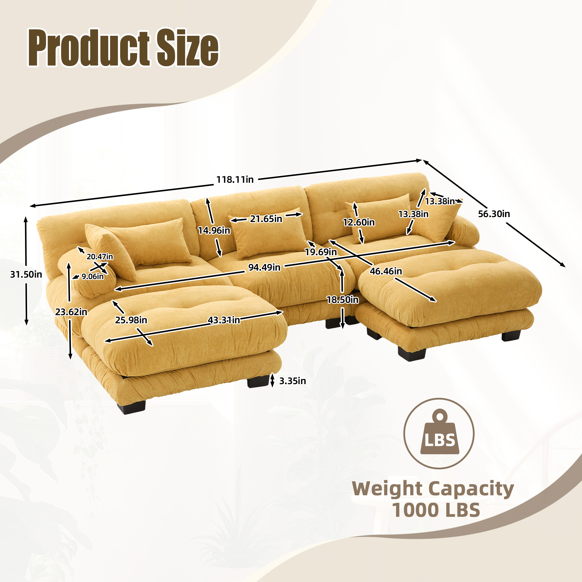 MOONMISS Velvet Upholstered Oversized U-shaped Tufted Free Combined Sectional Sofa with Bolster Armrest Pillows-Yellow