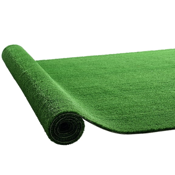 KFFKFF Artificial Grass, 12 x 7 ft Synthetic Turf Rug, 0.6 in Pile Height Realistic Lawn Carpet Roll Mat, Easy-to-Clean with Drainage Holes for Patio, Garden, Balcony, Indoor and Outdoor Use, Green
