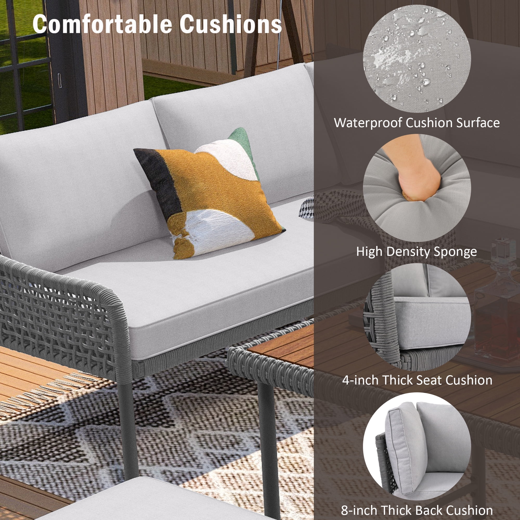 Aukfa 6-Piece Outdoor Furniture Set, Rope Weave Patio Conversation Set w/ Wood Table & Icebox, Gray