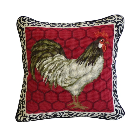 Red Black & White Rooster Needlepoint Accent Pillow, 14" x 14"