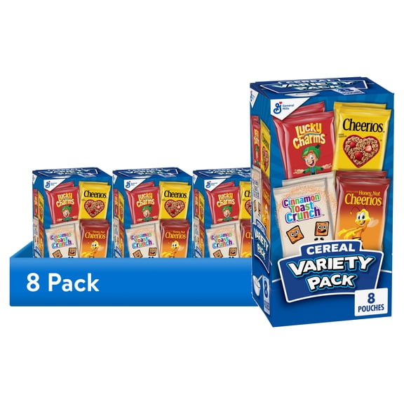 (8 pack) Cereal Variety Pack, Lucky Charms, Cinnamon Toast Crunch, Cheerios, 8 Pouches, 9.14 oz